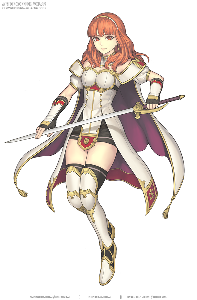 1girl breasts cape celica_(fire_emblem) fire_emblem fire_emblem_echoes:_shadows_of_valentia fire_emblem_heroes gofelem headband holding holding_sword holding_weapon looking_at_viewer red_eyes redhead skindentation small_breasts solo sword thigh-highs weapon white_background