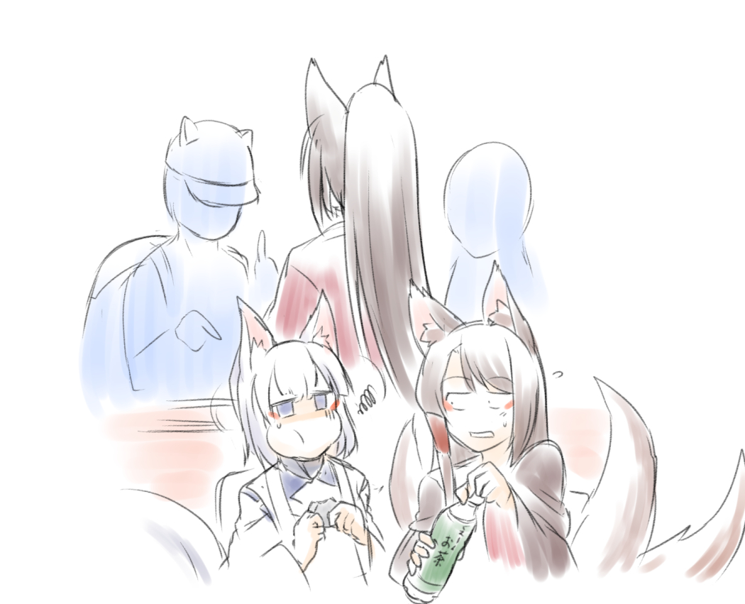 2boys 3girls akagi_(azur_lane) amagi_(azur_lane) animal_ears azur_lane commentary faceless faceless_male fox_ears fox_tail kaga_(azur_lane) multiple_boys multiple_girls steed_(steed_enterprise) tail