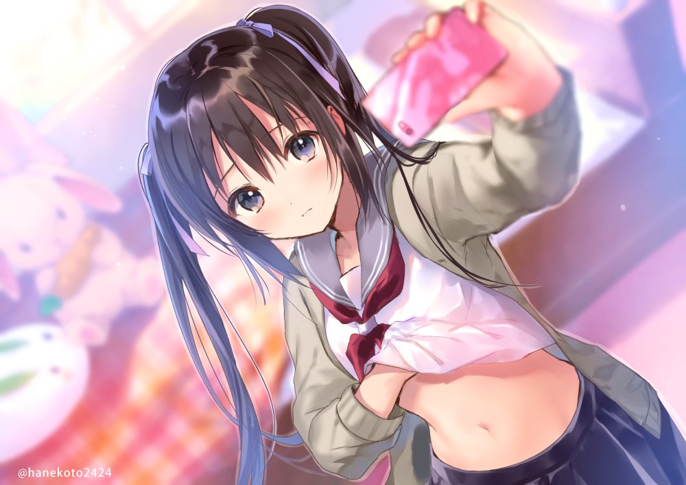 1girl arm_up backlighting bangs bed black_skirt blanket blazer blurry blurry_background blush brown_hair cellphone checkered commentary_request cowboy_shot day depth_of_field dust dutch_angle foreshortening grey_jacket hair_ribbon hanekoto holding holding_phone imouto_(hanekoto) indoors jacket lifted_by_self long_hair looking_at_viewer navel neckerchief open_blazer open_clothes open_jacket original phone purple_ribbon red_neckwear ribbon room school_uniform self_shot serafuku shirt_lift skirt smartphone solo stomach stuffed_animal stuffed_bunny stuffed_toy sunlight tareme twintails twintails_day twitter_username window