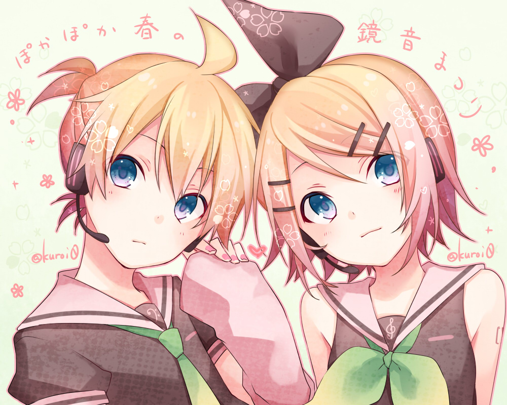 1boy 1girl ahoge alternate_costume bass_clef blonde_hair blue_eyes blush bow brother_and_sister cherry_blossom_print detached_sleeves floral_print hair_bow hair_ornament hairclip hand_up head_to_head headset kagamine_len kagamine_rin kuroi_(liar-player) necktie sailor_collar short_hair siblings tattoo translated treble_clef twins twitter_username upper_body vocaloid