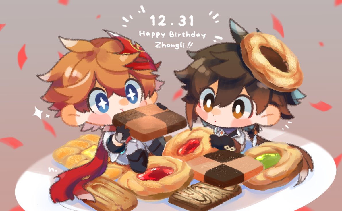 2boys bangs birthday black_gloves black_hair blue_eyes brown_hair chibi cookie dated eating food food_on_head genshin_impact gloves gradient_hair grey_background hair_between_eyes happy_birthday jacket jewelry long_hair male_focus mask mask_on_head multicolored_hair multiple_boys nabe_ut object_on_head orange_hair plate ponytail simple_background single_earring sitting sparkle tartaglia_(genshin_impact) zhongli_(genshin_impact)