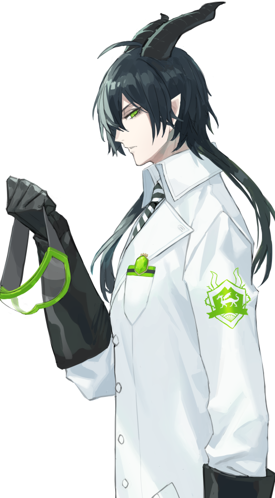 1boy bangs black_gloves black_hair buttons chorefuji eyelashes gloves green-framed_eyewear green_eyes half-closed_eyes horns labcoat long_hair male_focus malleus_draconia necktie pointy_ears simple_background solo striped striped_neckwear twisted_wonderland white_background