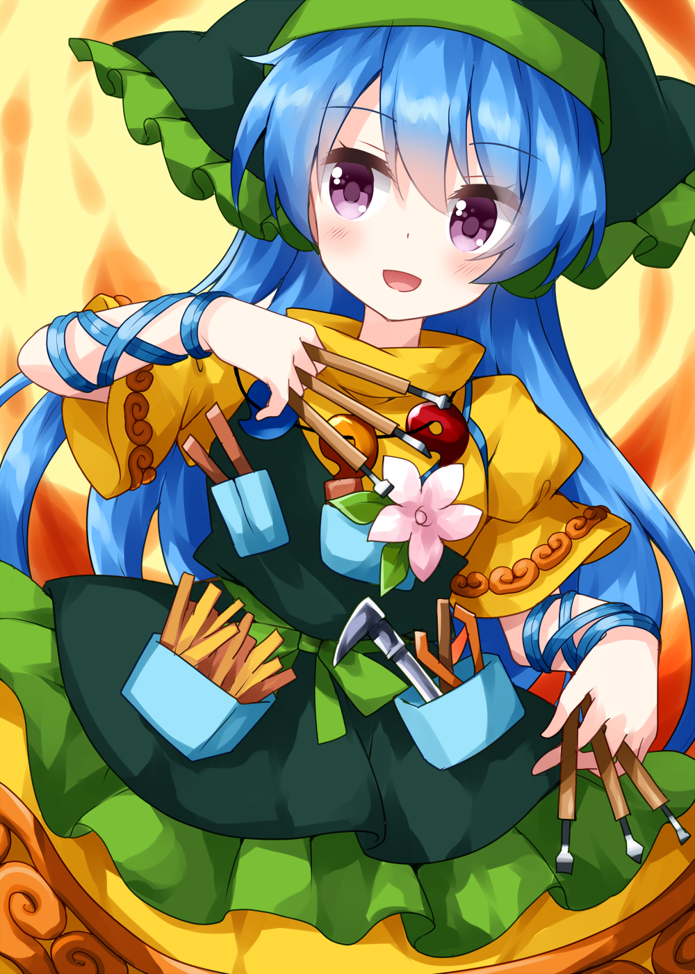 1girl apron arm_ribbon bangs between_fingers blue_hair blue_ribbon cowboy_shot dress eyebrows_visible_through_hair flower green_apron green_headwear hair_between_eyes haniyasushin_keiki head_scarf highres leaf long_hair looking_to_the_side magatama magatama_necklace open_mouth orange_background pink_flower pocket ribbon ruu_(tksymkw) short_sleeves single_strap smile solo standing touhou two-tone_background violet_eyes wood_carving_tool yellow_background yellow_dress