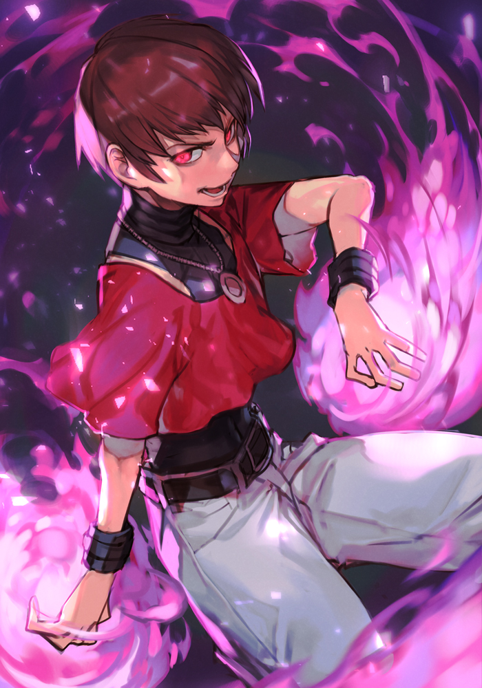 1boy aura belt chris_(kof) evil_eyes evil_smile fire hankuri hankuri jewelry leotard male_focus necklace open_mouth orochi_chris pants red_eyes simple_background smile solo spiky_hair the_king_of_fighters