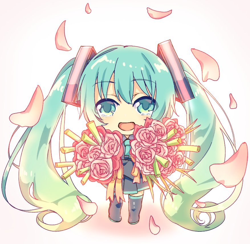 1girl aqua_eyes aqua_hair aqua_neckwear black_legwear black_skirt bouquet chibi commentary falling_petals flower full_body grey_shirt hair_ornament happy_tears harusamesyota hatsune_miku holding holding_bouquet long_hair looking_at_viewer necktie open_mouth petals pink_flower pink_rose pleated_skirt rose shirt skirt smile solo spring_onion tears thigh-highs twintails very_long_hair vocaloid white_background