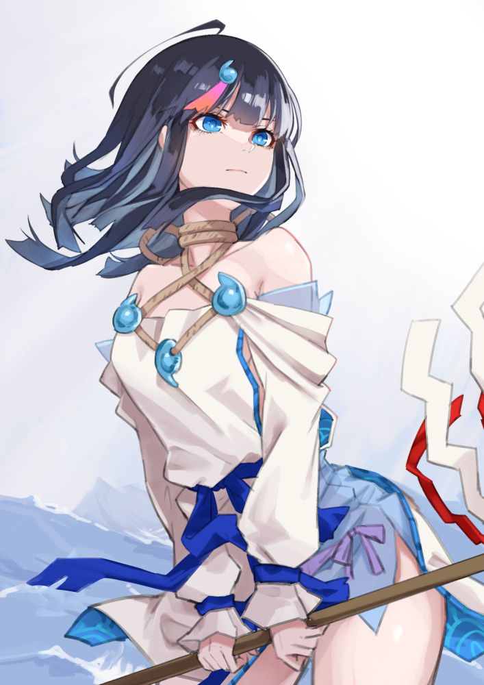 1girl bangs bare_shoulders black_hair blue_eyes blue_ribbon blush breasts closed_mouth collarbone dress fate/grand_order fate/requiem fate_(series) jewelry long_sleeves looking_to_the_side magatama magatama_hair_ornament magatama_necklace medium_breasts medium_hair multicolored_hair necklace pelvic_curtain pink_hair polearm puffy_long_sleeves puffy_sleeves re_(re_09) ribbon short_dress sideboob sideless_outfit spear streaked_hair thighs utsumi_erise weapon white_dress