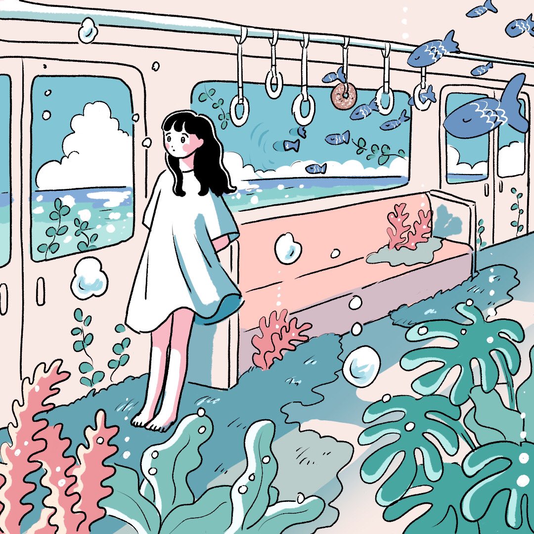 1girl bare_legs barefoot black_hair blue_sky blush bubble clouds cloudy_sky dress fish hand_grip horizon koume_dazo long_hair original sky solo surreal train_interior water white_dress wide_shot