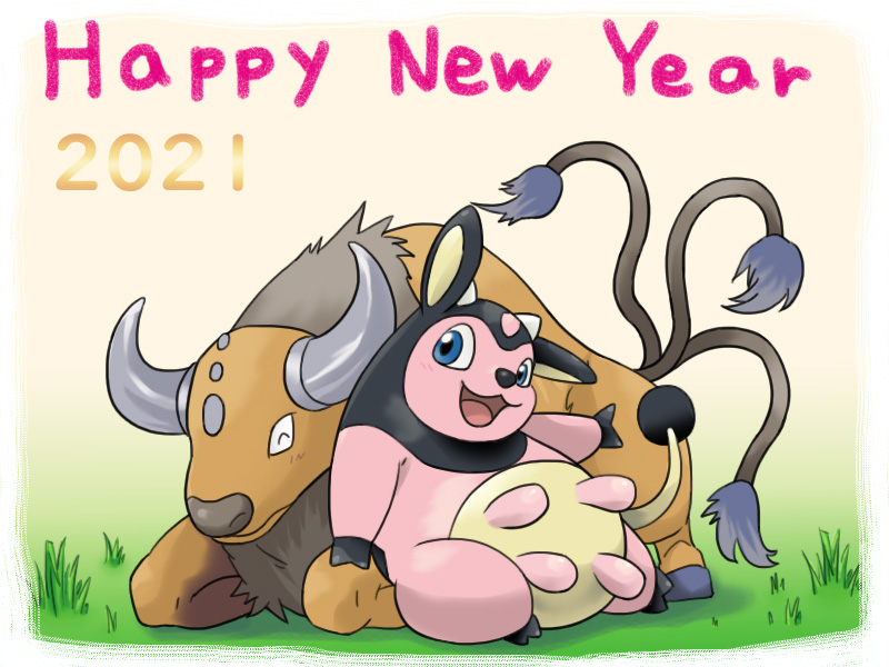 2021 :d blue_eyes closed_eyes closed_mouth commentary_request gen_1_pokemon gen_2_pokemon grass happy_new_year light_blush mameshiba miltank nengajou new_year no_humans open_mouth pokemon pokemon_(creature) sitting smile tauros tongue