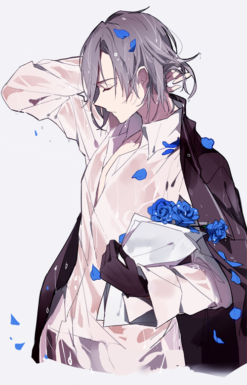 1boy androgynous arm_behind_head blue_flower blue_petals blue_rose bread chinese_commentary closed_eyes closed_mouth collared_shirt commentary_request cropped_torso flower food gloves grey_hair holding holding_paper jacket jacket_on_shoulders long_sleeves male_focus original paper petals profile rose see-through shirt short_hair simple_background single_glove solo upper_body wet wet_clothes wet_hair wet_shirt white_background white_shirt