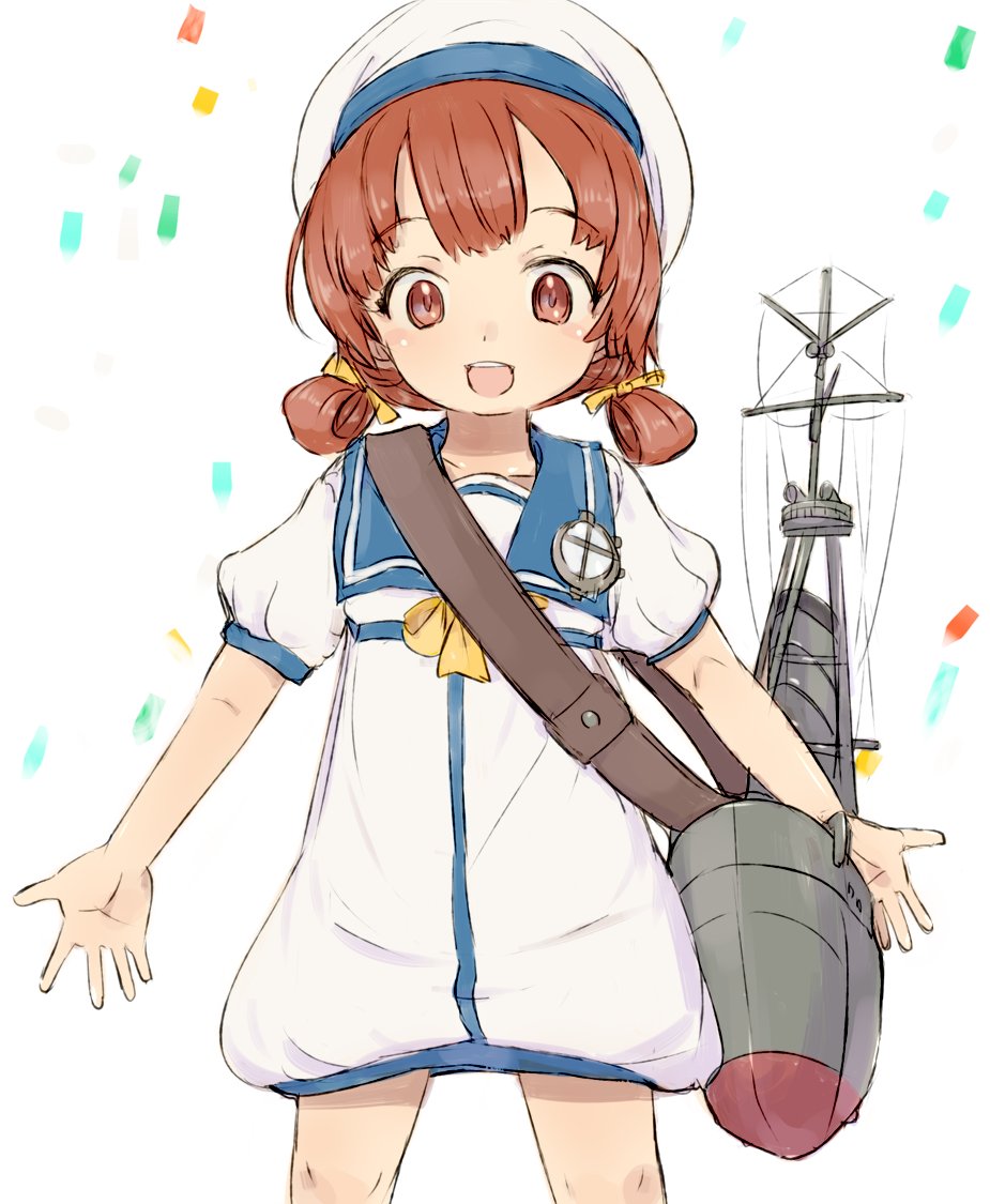 1girl alchera blue_sailor_collar bow brown_eyes brown_hair commentary_request confetti dress hair_rings hat kaiboukan_no._4_(kantai_collection) kantai_collection long_hair low_twintails machinery sailor_collar sailor_dress sailor_hat smile solo standing twintails upper_body white_background white_dress white_headwear yellow_bow