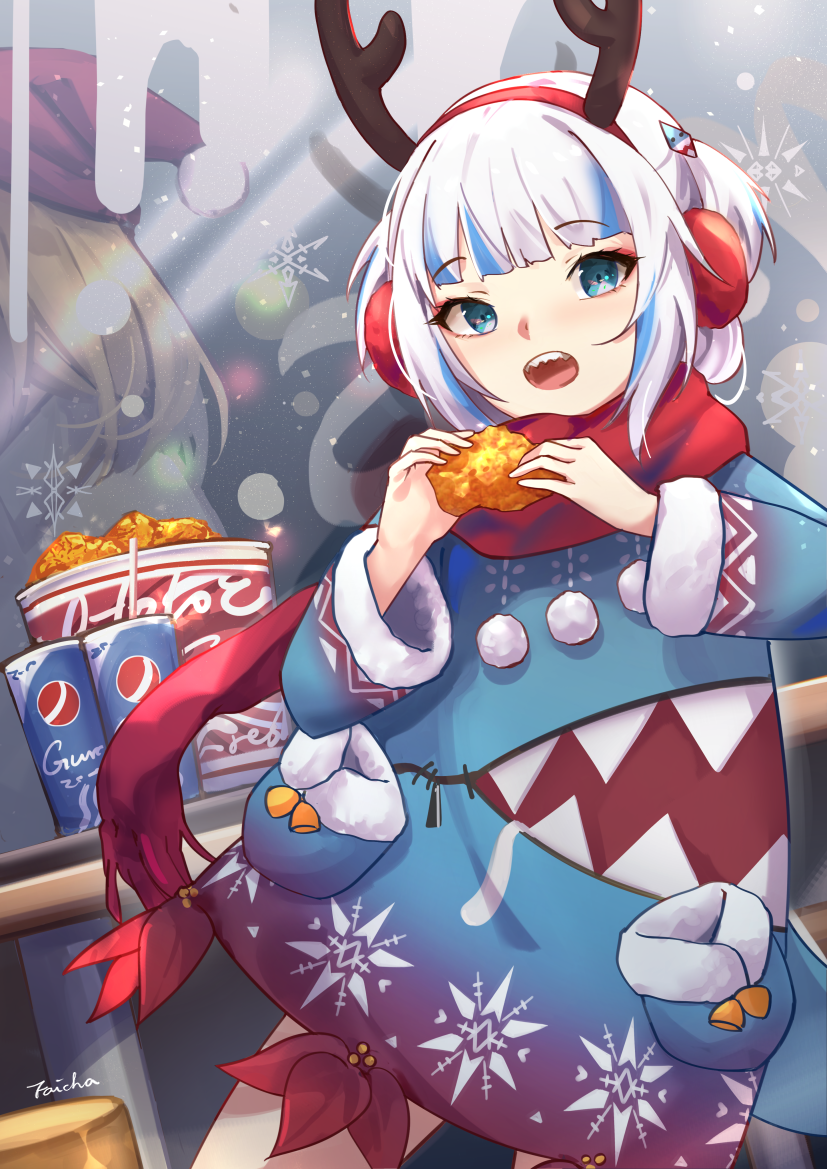 2girls :o antlers aqua_eyes bangs beige_coat bell blonde_hair blunt_bangs bucket_of_chicken christmas coat cup disposable_cup dress earmuffs eyebrows_visible_through_hair faicha fake_antlers food fried_chicken gawr_gura hair_ornament hat hololive hololive_english indoors light_blush long_sleeves looking_at_viewer medium_hair multicolored_hair multiple_girls open_mouth red_scarf reindeer_antlers santa_hat scarf snowflakes sweater sweater_dress table two-tone_hair upper_teeth virtual_youtuber watson_amelia window