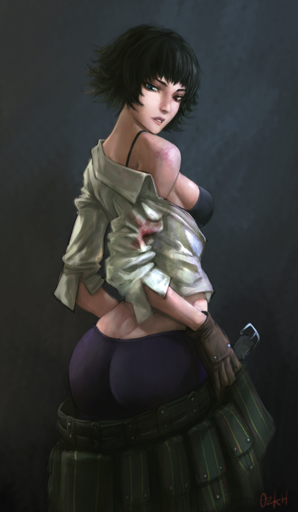 1girl ass bike_shorts black_bra black_hair blood bloody_clothes bra breasts bruise dark_background devil_may_cry devil_may_cry_3 heterochromia injury lady_(devil_may_cry) ozkh scar short_hair sideboob skirt skirt_removed solo underwear undressing