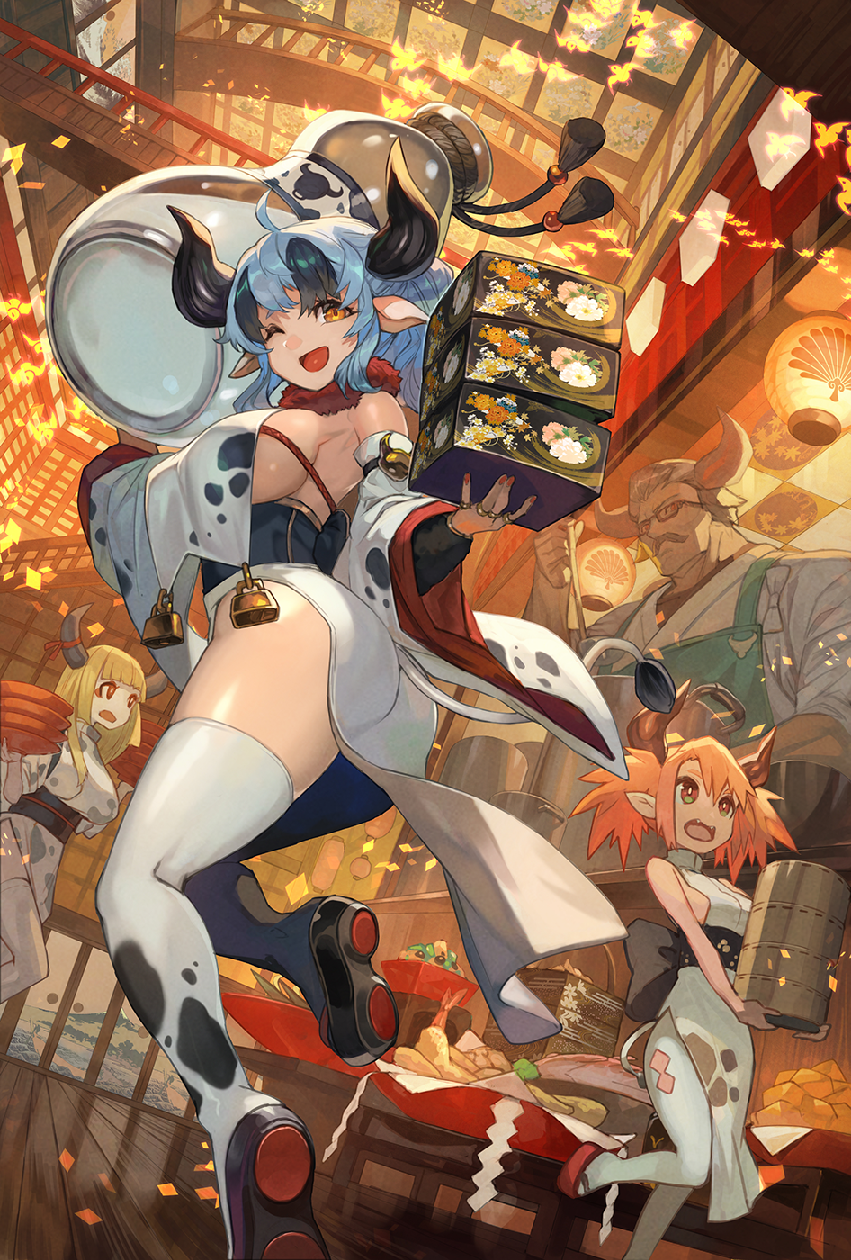 1boy 3girls animal_ears animal_print ass bangs bare_shoulders blonde_hair blue_hair blush breasts bridge carrying cow_ears cow_girl cow_horns cow_print food highres horns lack large_breasts long_hair looking_at_viewer multiple_girls nengajou new_year one_eye_closed open_mouth orange_eyes orange_hair original restaurant short_hair smile thigh-highs white_legwear wide_sleeves yellow_eyes