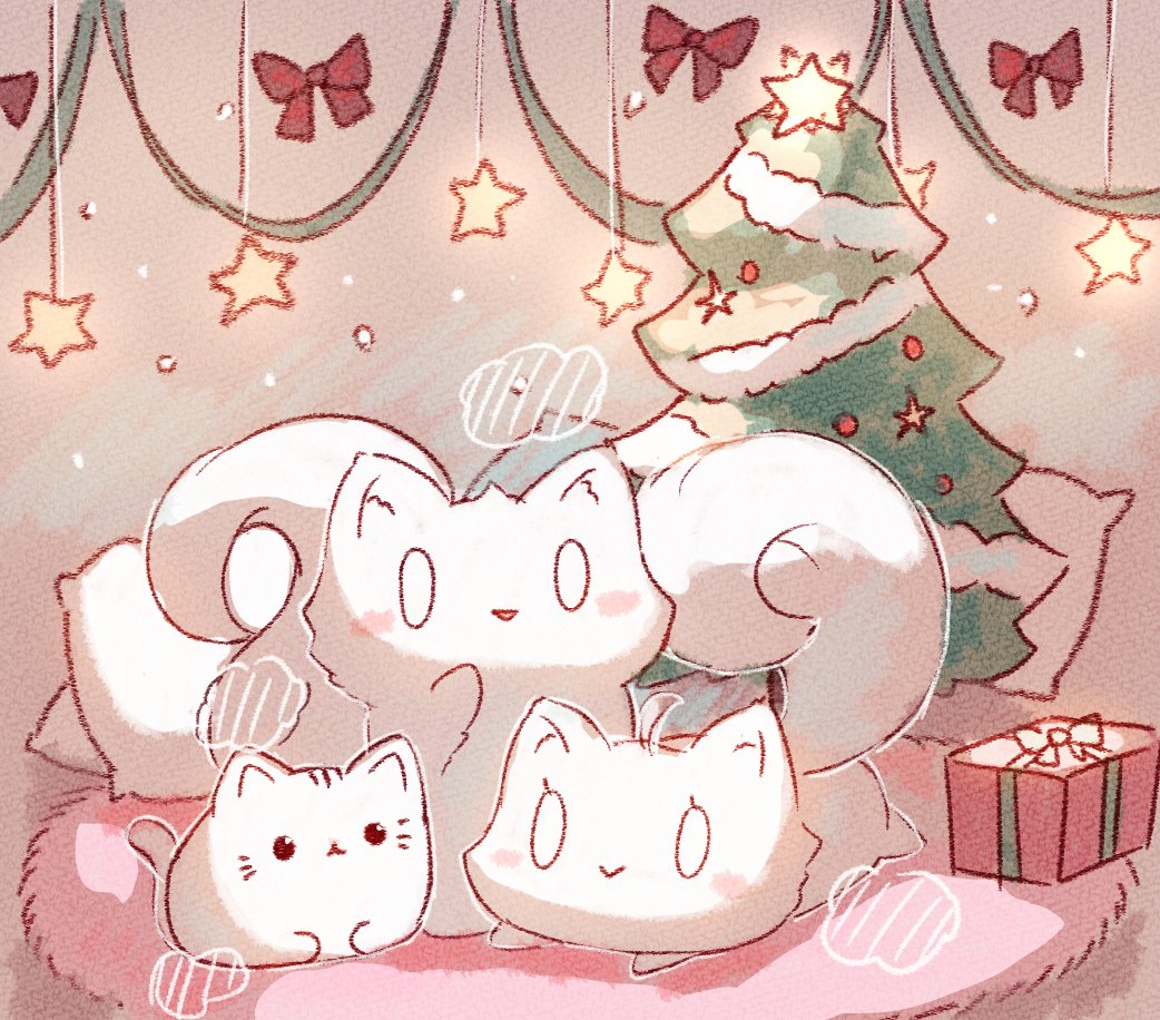 0_0 :&gt; animal animal_focus bow box cat christmas christmas_ornaments christmas_tree closed_mouth commentary fox gift gift_box glowing no_humans original parted_lips pillow red_bow smile star_(symbol) symbol-only_commentary tandohark
