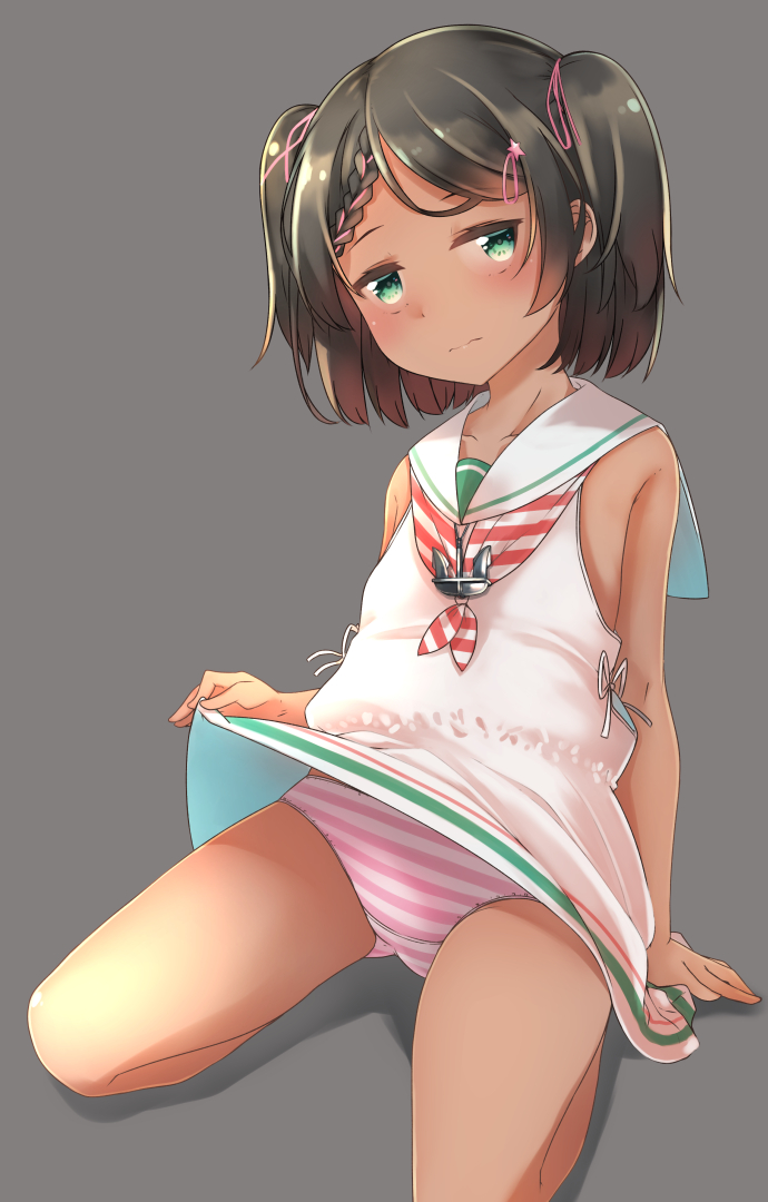 1girl bare_legs black_hair blush closed_mouth collarbone comah dress green_eyes grey_background hair_ornament hairclip kantai_collection neckerchief panties sailor_collar sailor_dress scirocco_(kantai_collection) short_hair simple_background solo striped striped_panties underwear white_dress white_sailor_collar