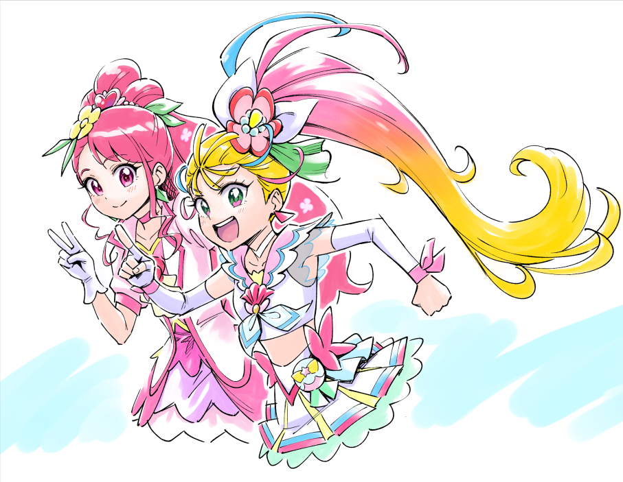 2girls :d blonde_hair blue_hair closed_mouth cure_grace cure_summer eyebrows_visible_through_hair fingerless_gloves flower gloves green_eyes hair_flower hair_ornament hanadera_nodoka healin'_good_precure index_finger_raised itou_shin'ichi long_hair looking_at_viewer magical_girl midriff multicolored_hair multiple_girls natsuumi_manatsu open_mouth pink_hair ponytail precure red_eyes redhead single_glove smile tropical-rouge!_precure v white_background white_gloves