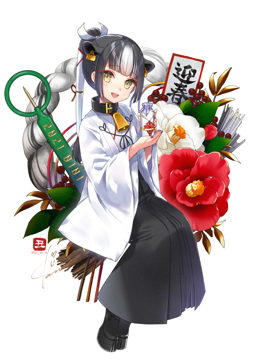 1girl 2021 :d animal_ears artist_name bangs bell black_footwear black_hair black_hakama black_nails blunt_bangs blush boots bottle buckle collar cow_ears cow_girl cowbell eyebrows_visible_through_hair flower full_body hair_ribbon hakama haori highres holding holding_bottle invisible_chair japanese_clothes kimono koruri long_sleeves looking_at_viewer milk_bottle multicolored_hair nail_polish nengajou new_year ofuda open_clothes open_mouth original ponytail red_flower ribbon simple_background sitting smile twitter_username two-tone_hair white_background white_hair white_kimono white_ribbon wide_sleeves
