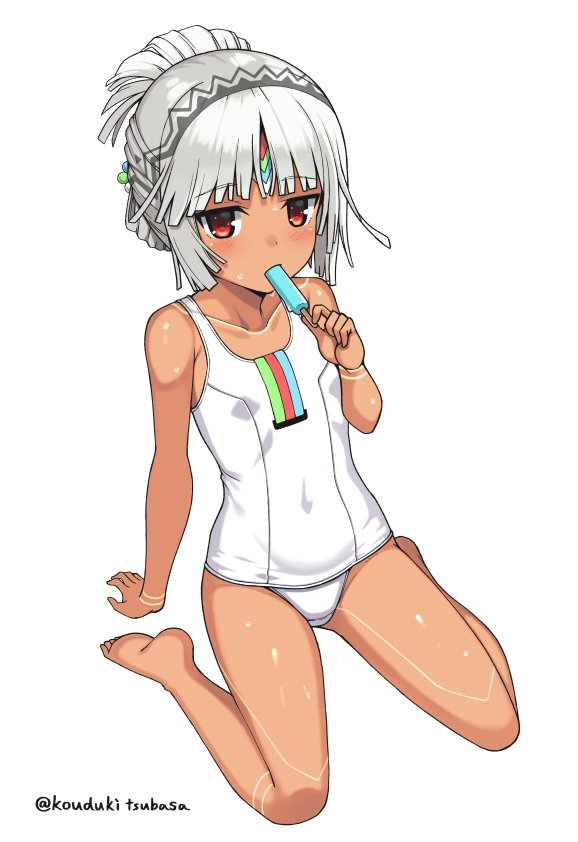 1girl altera_(fate) bangs benitsuki_tsubasa blunt_bangs dark_skin dark-skinned_female eating eyebrows_visible_through_hair fate/extella fate/extra fate_(series) flat_chest food looking_at_viewer one-piece_swimsuit popsicle red_eyes short_hair simple_background sitting solo swimsuit twitter_username wariza white_background white_hair white_swimsuit