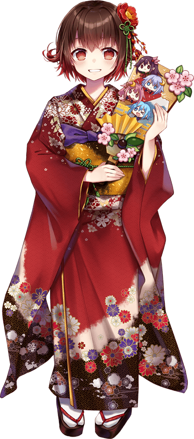 1girl brown_hair full_body grin japanese_clothes kantai_collection kimono kisaragi_(kantai_collection) kusada_souta long_sleeves minazuki_(kantai_collection) mutsuki_(kantai_collection) obi official_art red_eyes red_kimono sash short_hair smile solo transparent_background uzuki_(kantai_collection) wide_sleeves yayoi_(kantai_collection) yukata