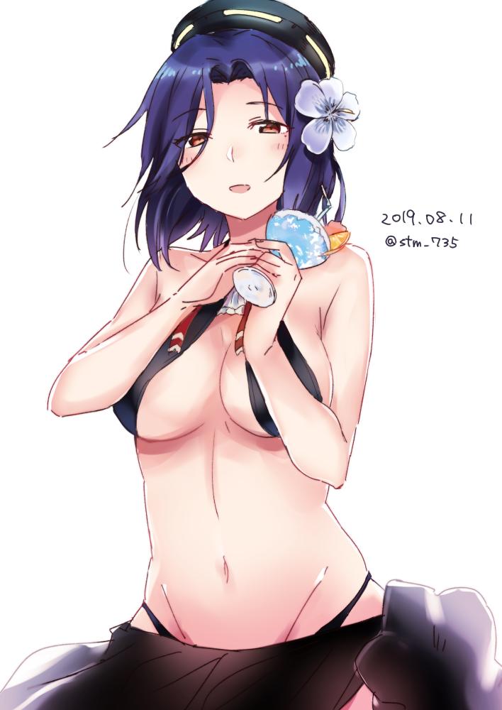 1girl bikini black_bikini breasts brown_eyes cup eyebrows_visible_through_hair flower hair_flower hair_ornament hibiscus holding holding_cup kansho_(stm_735) kantai_collection large_breasts mechanical_halo open_mouth purple_hair sarong short_hair simple_background solo swimsuit tatsuta_(kantai_collection) tropical_drink white_background white_flower