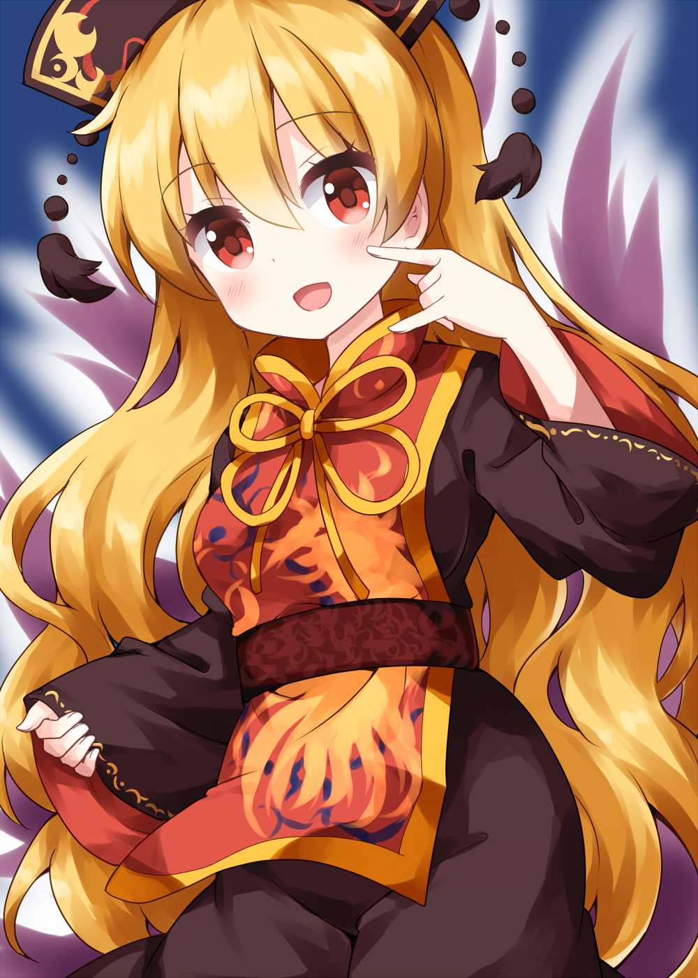 1girl \n/ aura bangs black_dress black_headwear blonde_hair blue_background brown_sash cowboy_shot dress eyebrows_visible_through_hair hair_between_eyes headdress highres junko_(touhou) long_hair long_sleeves looking_at_viewer open_mouth red_eyes ruu_(tksymkw) simple_background smile solo standing tabard tassel touhou very_long_hair wavy_hair wide_sleeves