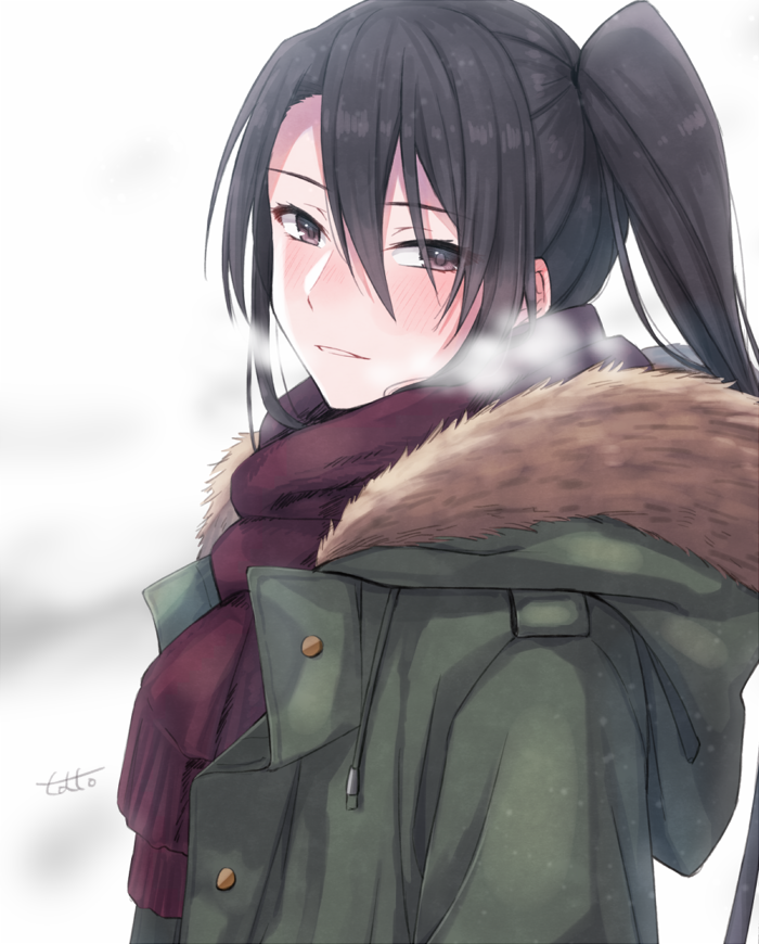 1girl artist_name black_hair brown_eyes coat from_side fur-trimmed_coat fur_trim green_coat hair_between_eyes kantai_collection light_smile long_hair long_sleeves looking_at_viewer nachi_(kantai_collection) portrait red_scarf scarf side_ponytail signature solo totto_(naka)