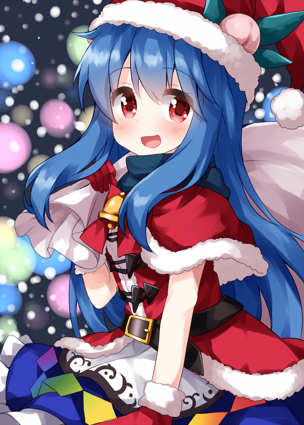 1girl bag bangs bell belt black_belt blue_hair blue_skirt blurry blurry_background capelet christmas christmas_lights cowboy_shot eyebrows_visible_through_hair food frilled_skirt frills fruit gloves hair_between_eyes hat highres hinanawi_tenshi holding holding_bag long_hair looking_at_viewer open_mouth peach pom_pom_(clothes) rainbow_order red_capelet red_eyes red_gloves red_headwear ruu_(tksymkw) santa_costume santa_hat skirt smile snowing solo standing touhou