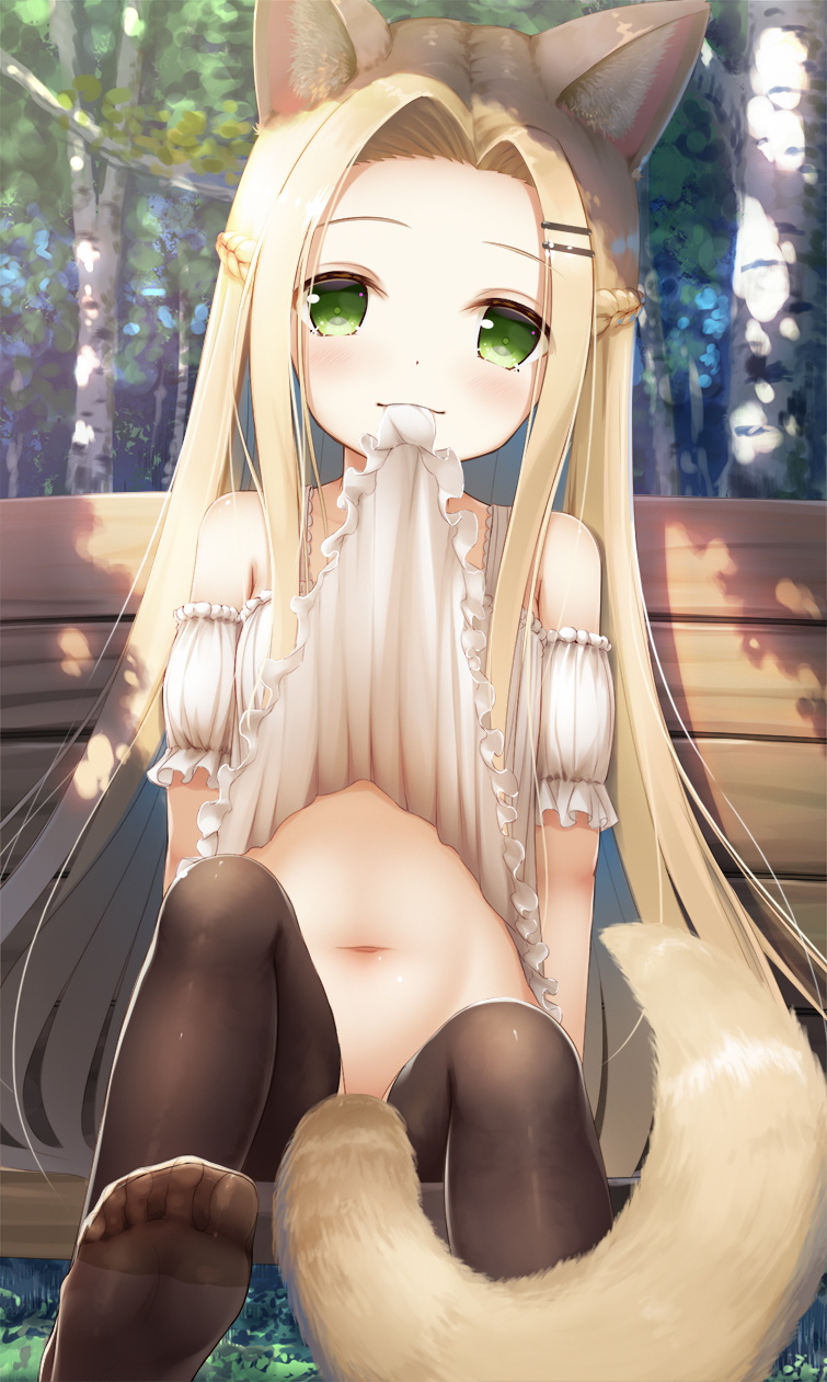 1girl animal_ear_fluff animal_ears bare_shoulders black_legwear blonde_hair blush dress dress_lift forehead green_eyes highres lifted_by_self long_hair looking_at_viewer mouth_hold navel original outdoors psyche3313 sitting smile solo tail thigh-highs