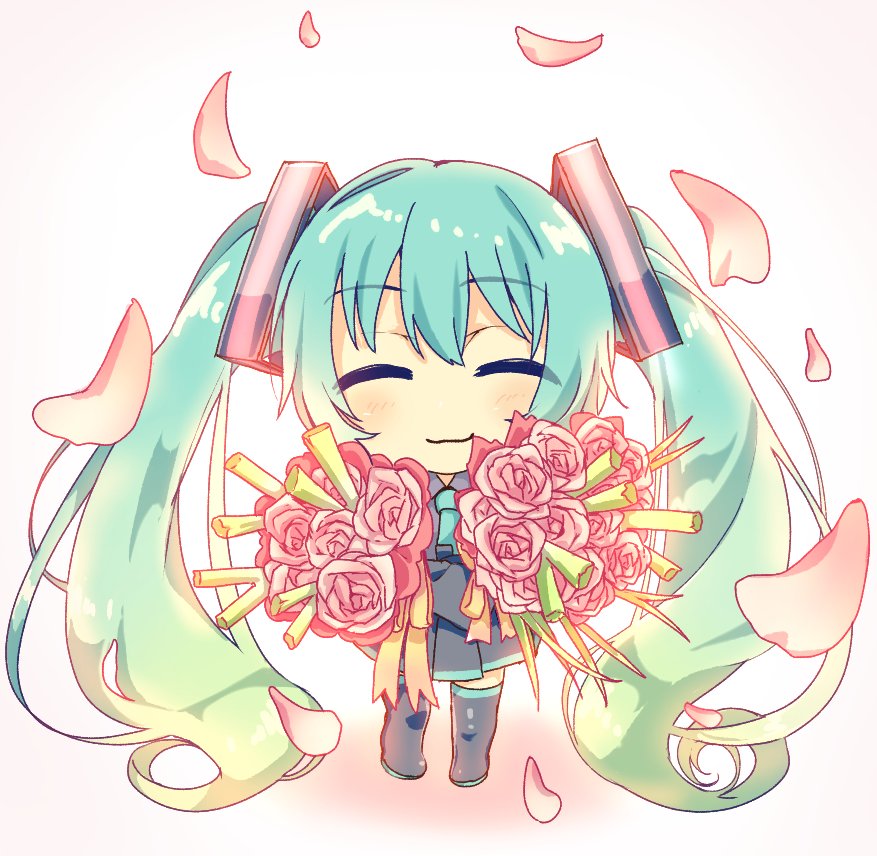 1girl :3 aqua_hair aqua_neckwear black_legwear black_skirt bouquet chibi closed_mouth commentary falling_petals flower full_body grey_shirt hair_ornament harusamesyota hatsune_miku holding holding_bouquet long_hair looking_at_viewer necktie petals pink_flower pink_rose pleated_skirt rose shirt skirt smile solo spring_onion thigh-highs twintails very_long_hair vocaloid white_background