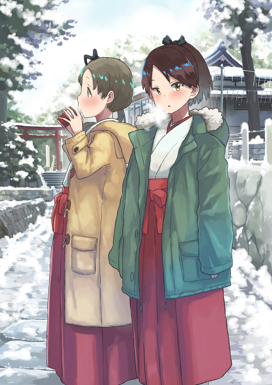 2girls ayanami_(kantai_collection) brown_eyes brown_hair coat drink hakama highres holding holding_drink japanese_clothes kantai_collection long_hair looking_at_viewer matsutani multiple_girls ponytail red_hakama shikinami_(kantai_collection) side_ponytail snow torii winter winter_clothes winter_coat