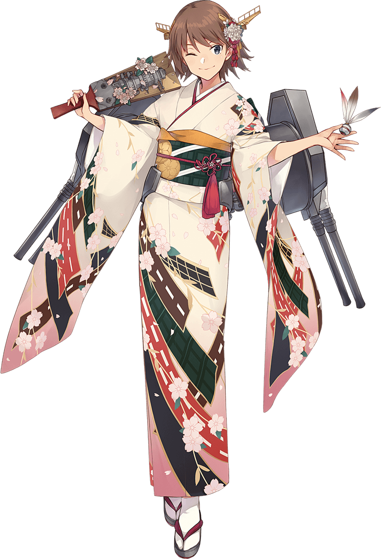 1girl brown_hair floral_print full_body grey_eyes hagoita hairband hanetsuki headgear hiei_(kantai_collection) holding japanese_clothes kantai_collection kimono konishi_(koconatu) long_sleeves machinery obi official_art one_eye_closed paddle sash short_hair simple_background smile solo tabi turret white_background white_legwear wide_sleeves zouri