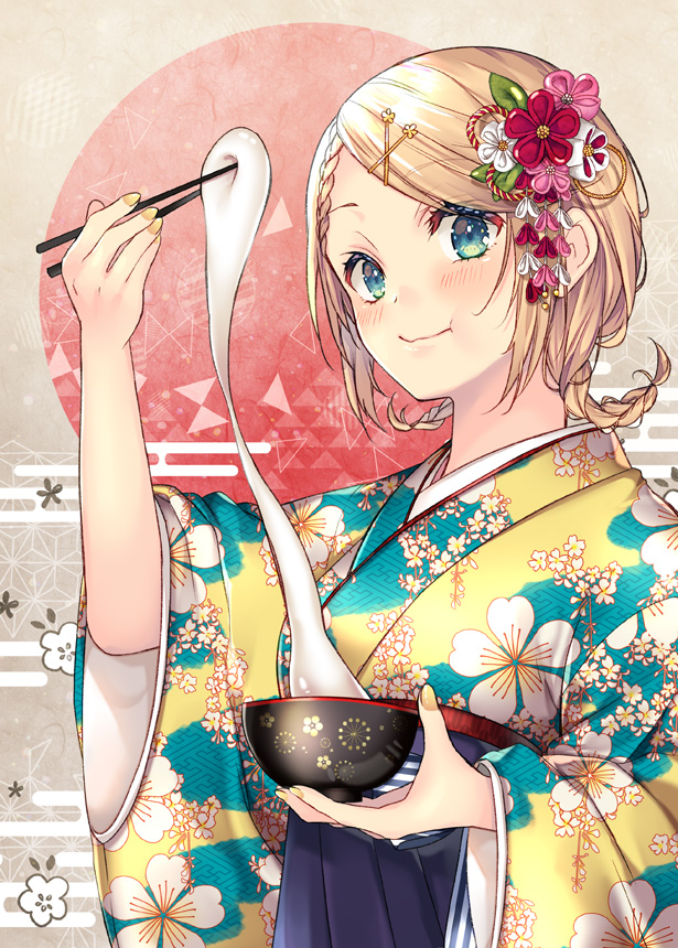 1girl :t arm_up bangs black_hakama blonde_hair blue_eyes blush bowl braid braided_bangs chopsticks closed_mouth commentary_request eating egasumi floral_background floral_print hair_ornament hairclip hakama holding holding_bowl holding_chopsticks japanese_clothes kagamine_rin kimono long_sleeves mochi nail_polish obi print_kimono sash shiomizu_(swat) solo swept_bangs vocaloid wide_sleeves x_hair_ornament yellow_kimono yellow_nails