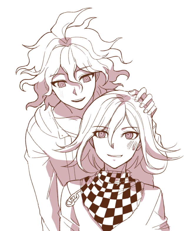 2boys argyle blush checkered checkered_scarf commentary_request dangan_ronpa_(series) dangan_ronpa_2:_goodbye_despair dangan_ronpa_v3:_killing_harmony greyscale hair_between_eyes hand_on_another's_head jacket komaeda_nagito long_sleeves looking_at_another looking_at_viewer male_focus medium_hair messy_hair monochrome multiple_boys open_mouth ouma_kokichi parted_lips scarf shirt short_hair simple_background smile songmil teeth upper_body violet_eyes