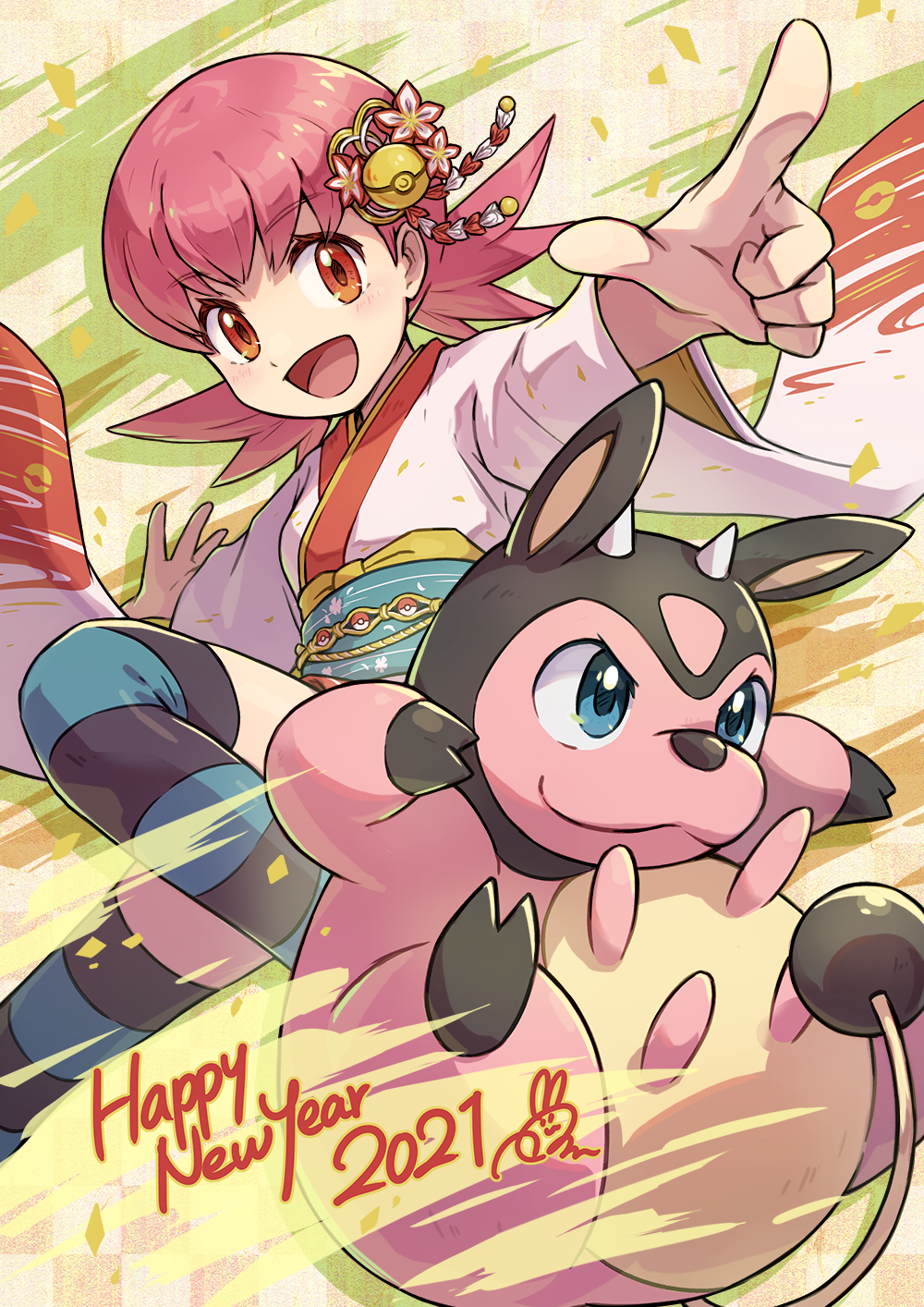 1girl :d bangs commentary_request eyebrows_visible_through_hair furisode gen_2_pokemon hair_ornament happy_new_year highres japanese_clothes kimono miltank nengajou new_year open_mouth outstretched_arms peron_(niki2ki884) pink_hair pointing pokemon pokemon_(creature) pokemon_(game) pokemon_hgss sash short_twintails smile spread_fingers striped striped_legwear thigh-highs tongue twintails whitney_(pokemon)