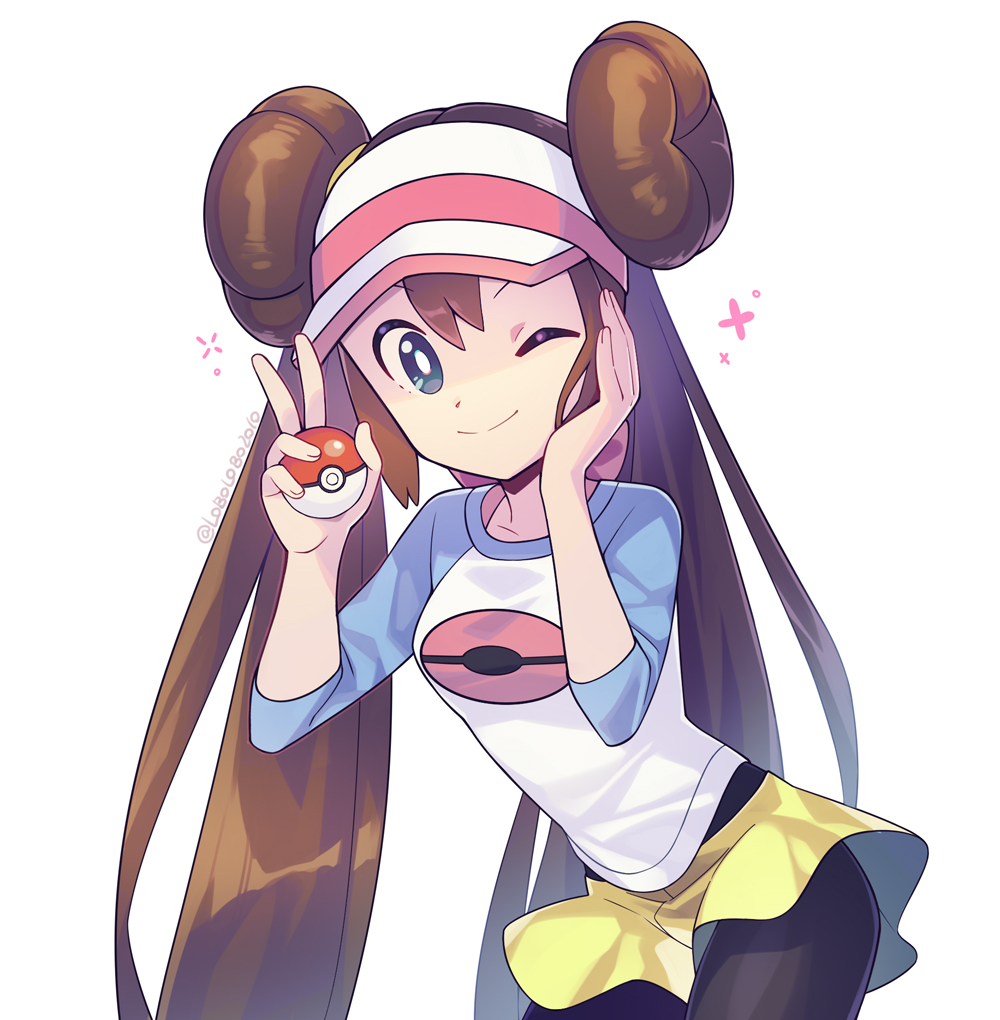 1girl bangs black_legwear bow brown_hair commentary double_bun holding holding_poke_ball leaning_forward legwear_under_shorts long_hair looking_at_viewer momoji_(lobolobo2010) pantyhose pink_bow poke_ball poke_ball_(basic) pokemon pokemon_(game) pokemon_bw2 raglan_sleeves rosa_(pokemon) shirt short_shorts shorts sidelocks solo twintails visor_cap watermark yellow_shorts