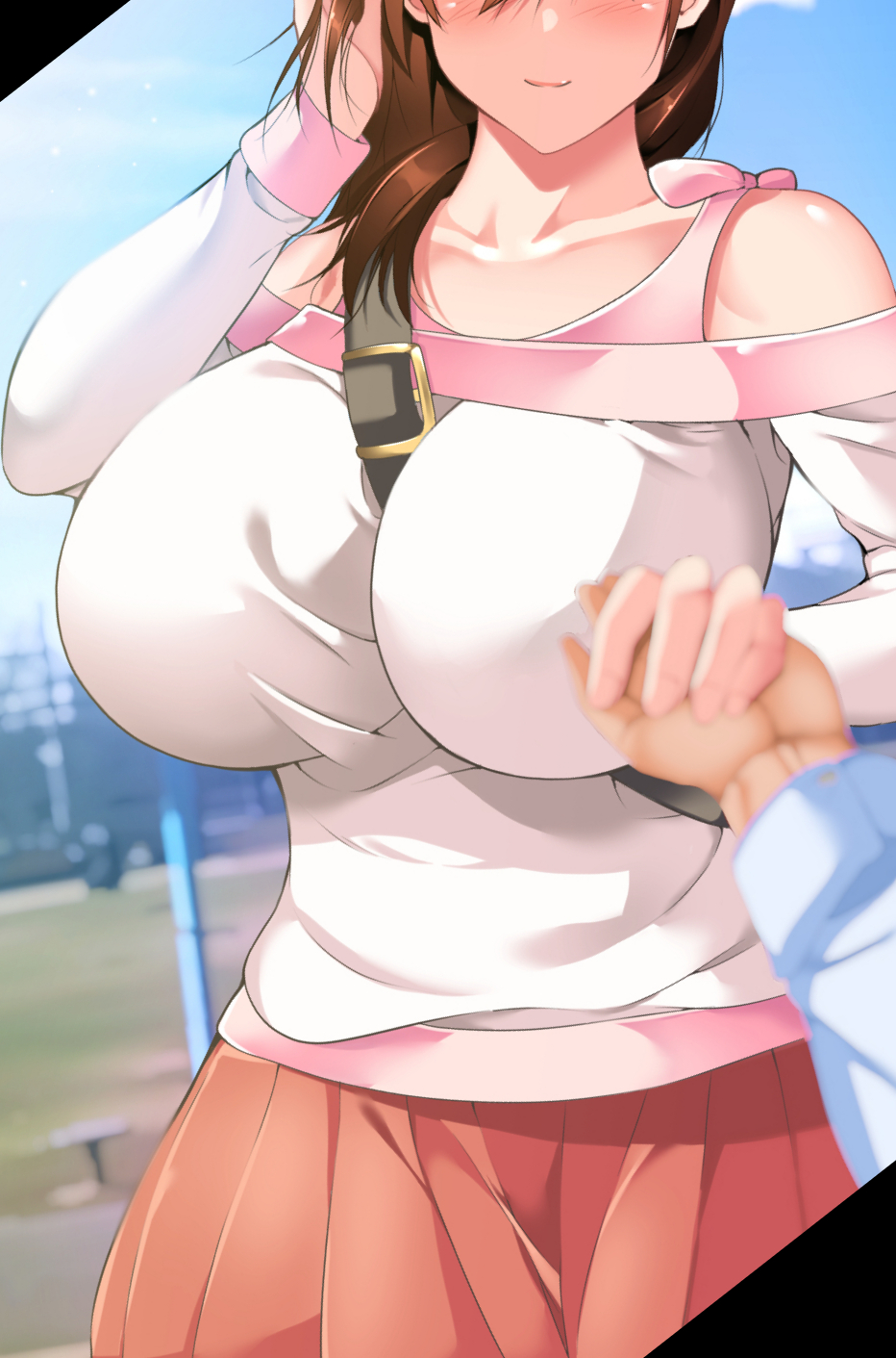 1girl adjusting_hair bare_shoulders between_breasts blue_shirt blue_sky blurry blurry_background blush breasts brown_hair closed_mouth commentary_request hachikomanga head_out_of_frame highres holding_hands huge_breasts mature medium_hair original outdoors pleated_skirt red_skirt shirt skirt sky smile strap white_shirt