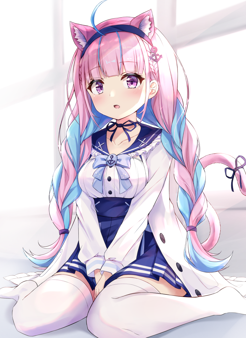 1girl :o ahoge anchor_hair_ornament anchor_print anchor_symbol animal_ear_fluff animal_ears bangs black_ribbon blue_hair blue_hairband blue_neckwear blue_ribbon blue_skirt blunt_bangs blush braid breasts buttons cat_ears cat_tail collarbone dress eyebrows_visible_through_hair french_braid hair_ornament hairband hololive indoors kemonomimi_mode long_sleeves looking_at_viewer low_twintails medium_breasts minato_aqua multicolored_hair neck_ribbon open_mouth pink_eyes pink_hair pleated_skirt ribbon shishou_(doragyurosu) sitting skirt solo streaked_hair tail tail_ornament tail_ribbon thigh-highs twin_braids twintails two-tone_hair v_arms virtual_youtuber wariza white_dress white_legwear window zettai_ryouiki