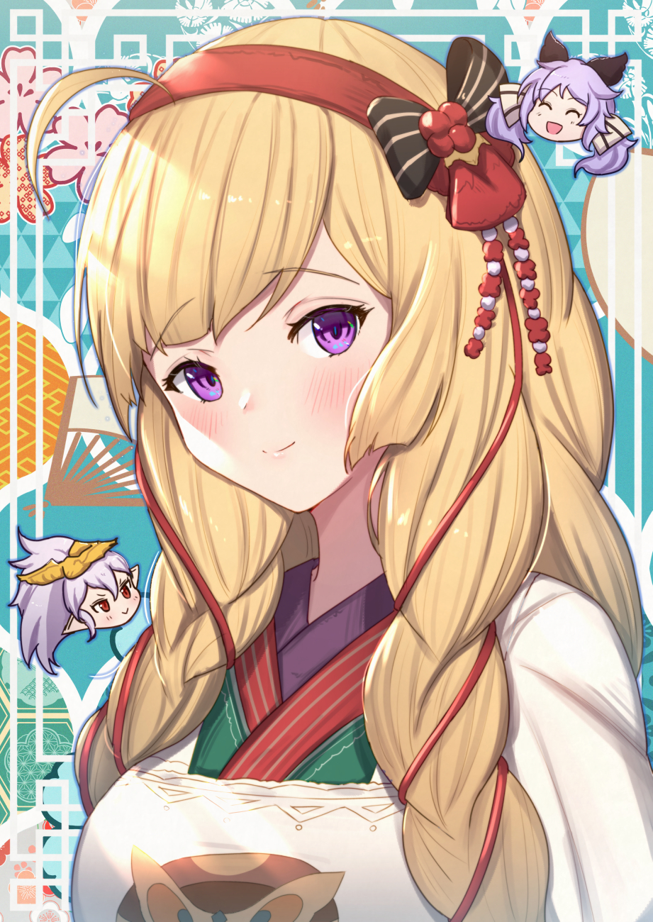 3girls :d ^_^ ahoge animal_ear_fluff athena_(granblue_fantasy) bangs black_bow blonde_hair blush bow braid breasts chibi closed_eyes closed_mouth commentary_request eyebrows_visible_through_hair floral_background granblue_fantasy green_kimono hair_between_eyes hair_bow hairband headpiece highres japanese_clothes kimono long_hair looking_at_viewer medium_breasts medusa_(shingeki_no_bahamut) multiple_girls open_mouth purple_hair red_eyes red_hairband satyr_(granblue_fantasy) smile striped striped_bow twin_braids twintails uneg upper_body violet_eyes