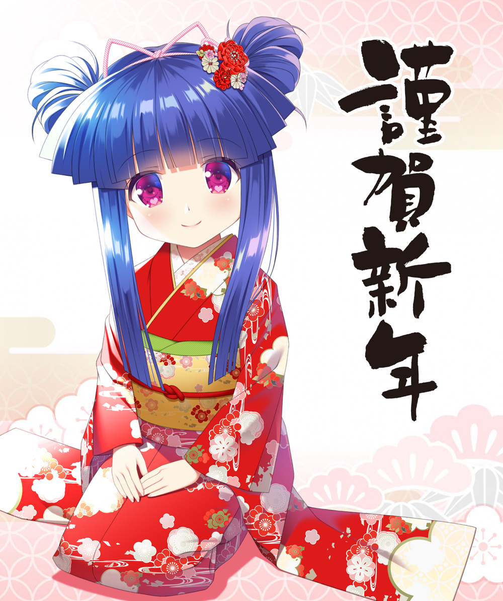 1girl alternate_hairstyle bangs blue_hair blunt_bangs commentary_request double_bun eyebrows_visible_through_hair floral_print flower full_body furude_rika gaou hair_flower hair_ornament hair_up head_tilt higurashi_no_naku_koro_ni japanese_clothes kimono looking_at_viewer obi print_kimono red_kimono sash seiza sidelocks simple_background sitting smile solo violet_eyes