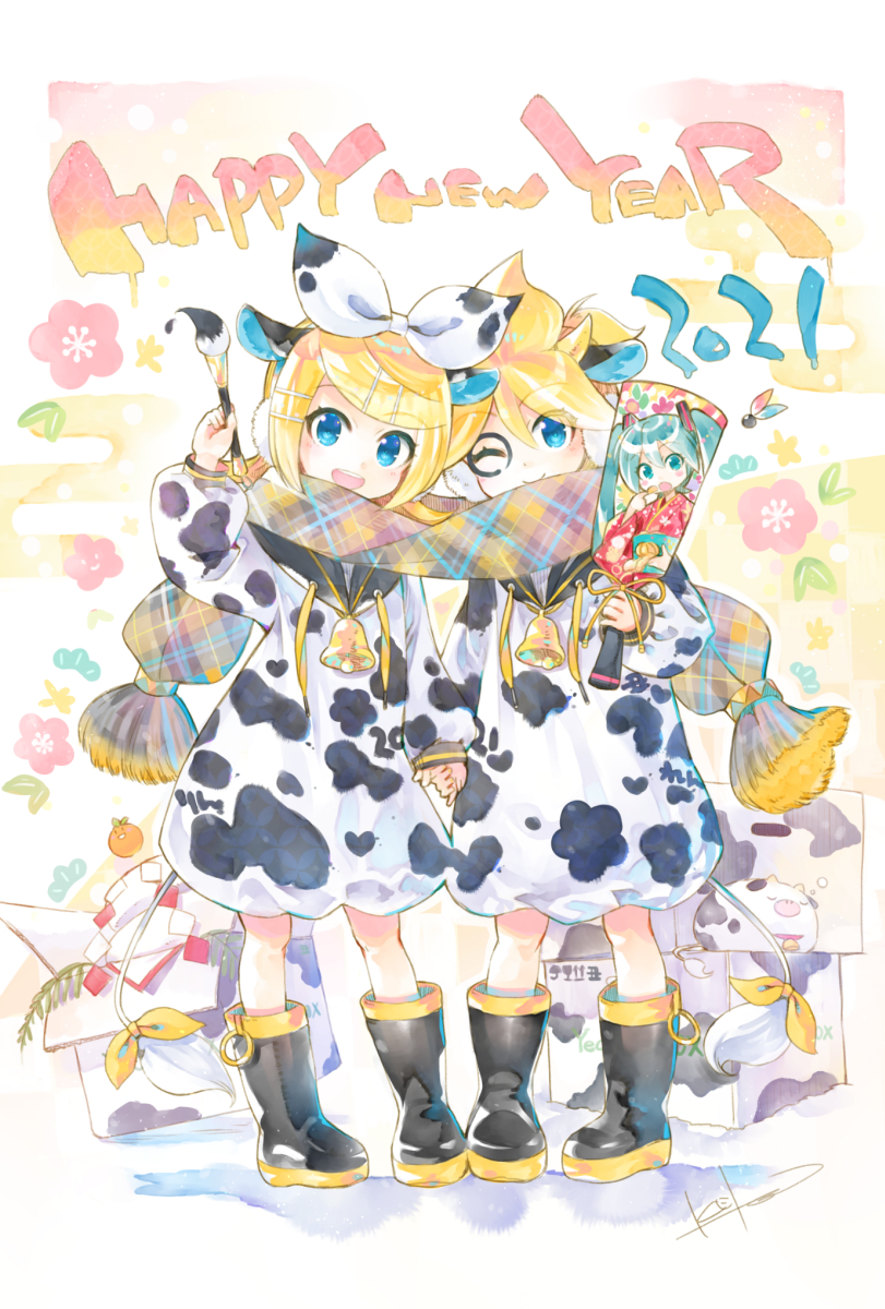 1boy 1girl animal_costume animal_print bangs bell black_collar black_footwear blonde_hair blue_eyes boots bow box bubble character_print cherry_blossoms chinese_zodiac collar commentary cow cow_costume cow_print cow_tail facepaint food fruit full_body hagoita hair_bow hair_ornament hairclip hand_up hanetsuki happy_new_year hatsune_miku highres holding holding_hands holding_paintbrush kadomatsu kagami_mochi kei_(keigarou) looking_at_viewer mandarin_orange neck_bell new_year one_eye_closed open_mouth paddle paintbrush plaid plaid_scarf sailor_collar scarf shared_scarf shide short_hair short_ponytail sleeping smile spiky_hair standing swept_bangs tail tail_bow tail_ornament vocaloid white_bow year_of_the_ox yellow_bow