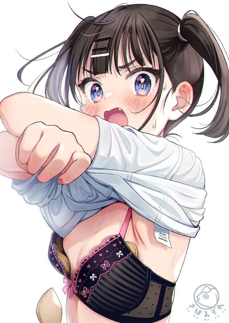 1girl armpits black_bra black_hair blue_eyes bra breasts embarrassed fang hair_ornament hairclip lingerie long_hair looking_at_viewer open_mouth original shirt short_sleeves simple_background small_breasts solo sweat tsukana_(saba_mizore) twintails underwear undressing upper_body v-shaped_eyebrows white_background white_shirt