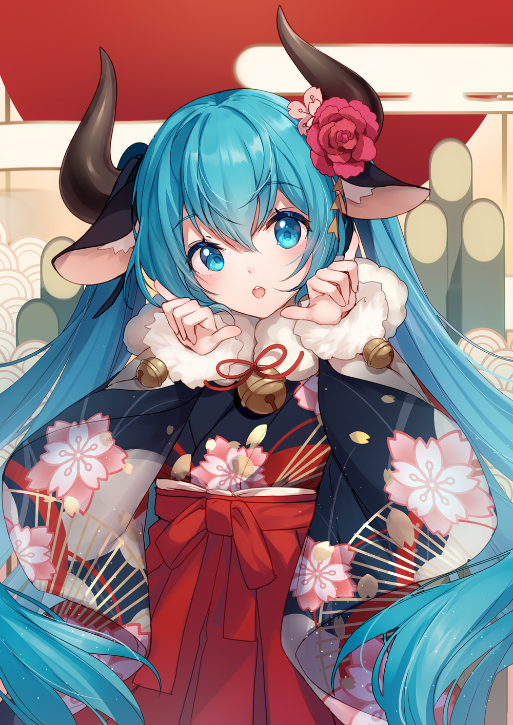 1girl :d alternate_costume animal_ears bamboo bangs bell bison_cangshu black_kimono blue_eyes blue_hair blush commentary_request cow_ears cow_girl cow_horns egasumi eyebrows_visible_through_hair floral_print fur-trimmed_sleeves fur_collar fur_trim hair_between_eyes hakama hands_up hatsune_miku highres horns japanese_clothes jingle_bell kemonomimi_mode kimono long_hair long_sleeves looking_at_viewer new_year open_mouth print_kimono red_hakama red_ribbon ribbon smile solo very_long_hair vocaloid wide_sleeves