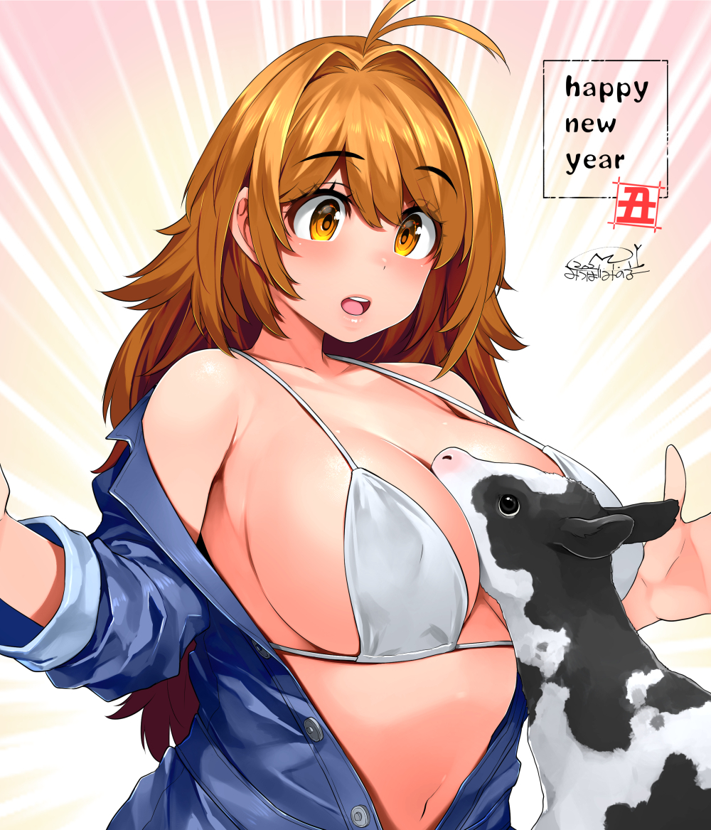 1girl :o animal bangs bare_shoulders between_breasts bikini bikini_under_clothes blue_shirt breasts calf chinese_zodiac collarbone commentary_request cow eyebrows_visible_through_hair hair_between_eyes happa_(cloverppd) happy_new_year large_breasts liong new_year open_clothes open_shirt orange_hair original shirt signature solo swimsuit upper_body white_bikini year_of_the_ox