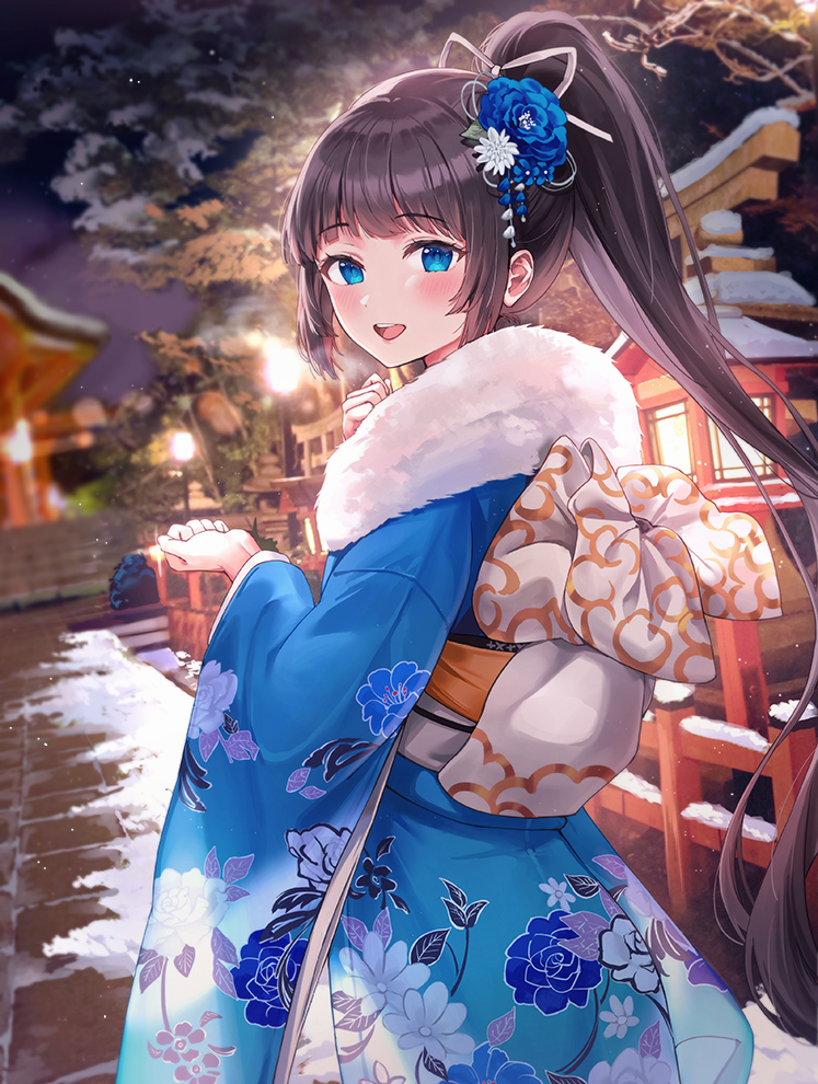 1girl :d architecture bangs blue_eyes blue_flower blue_kimono blue_rose blush commentary_request cowboy_shot east_asian_architecture floral_print flower from_behind fur_trim hair_flower hair_ornament hair_ribbon hands_up holding japanese_clothes kendo_club_president_(rangu) kimono lamp long_hair long_sleeves looking_at_viewer night obi open_mouth original outdoors ponytail print_kimono rangu ribbon rose sash smile snow solo tree white_ribbon wide_sleeves