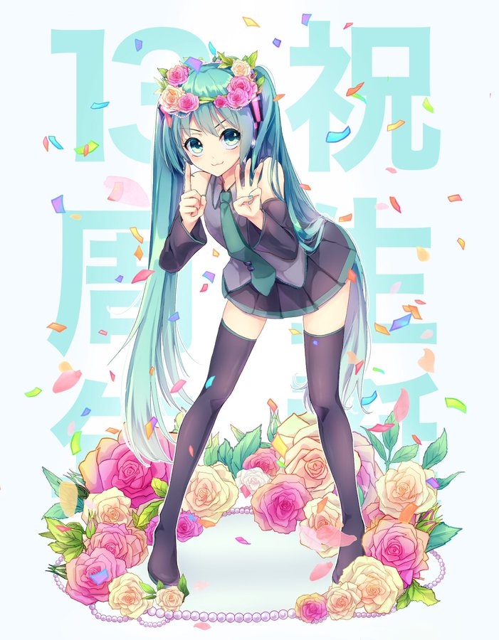 1girl :3 anniversary aqua_eyes aqua_hair aqua_nails aqua_neckwear bare_shoulders black_legwear black_skirt black_sleeves boots commentary confetti detached_sleeves flower flower_wreath full_body grey_shirt hair_flower hair_ornament harusamesyota hatsune_miku headphones index_finger_raised leaning_forward long_hair miniskirt nail_polish necktie pearl_(gemstone) pigeon-toed pink_flower pink_rose pleated_skirt rose shirt skirt sleeveless sleeveless_shirt smile standing thigh-highs thigh_boots twintails v-shaped_eyebrows very_long_hair vocaloid w yellow_flower yellow_rose zettai_ryouiki