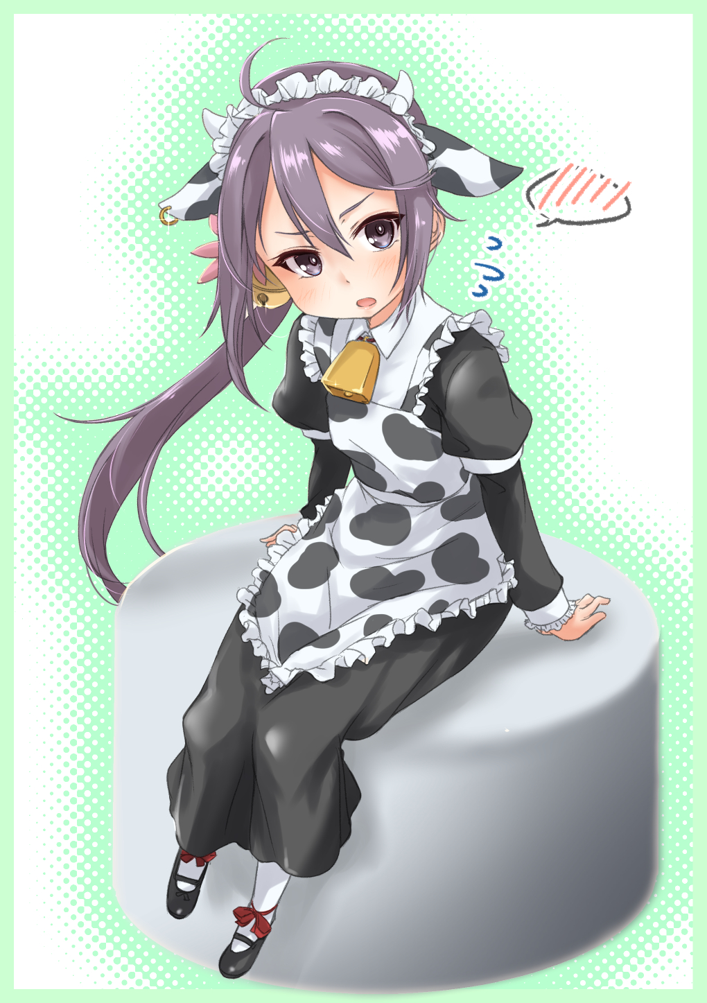 1girl ahoge akebono_(kantai_collection) alternate_costume animal_ears apron bell black_dress commentary_request cow_ears cowbell cowboy_shot dress enmaided fake_animal_ears flower frilled_apron frills full_body fyuo hair_bell hair_flower hair_ornament highres jingle_bell kantai_collection long_hair looking_at_viewer maid purple_hair side_ponytail sitting solo spoken_blush very_long_hair violet_eyes white_apron