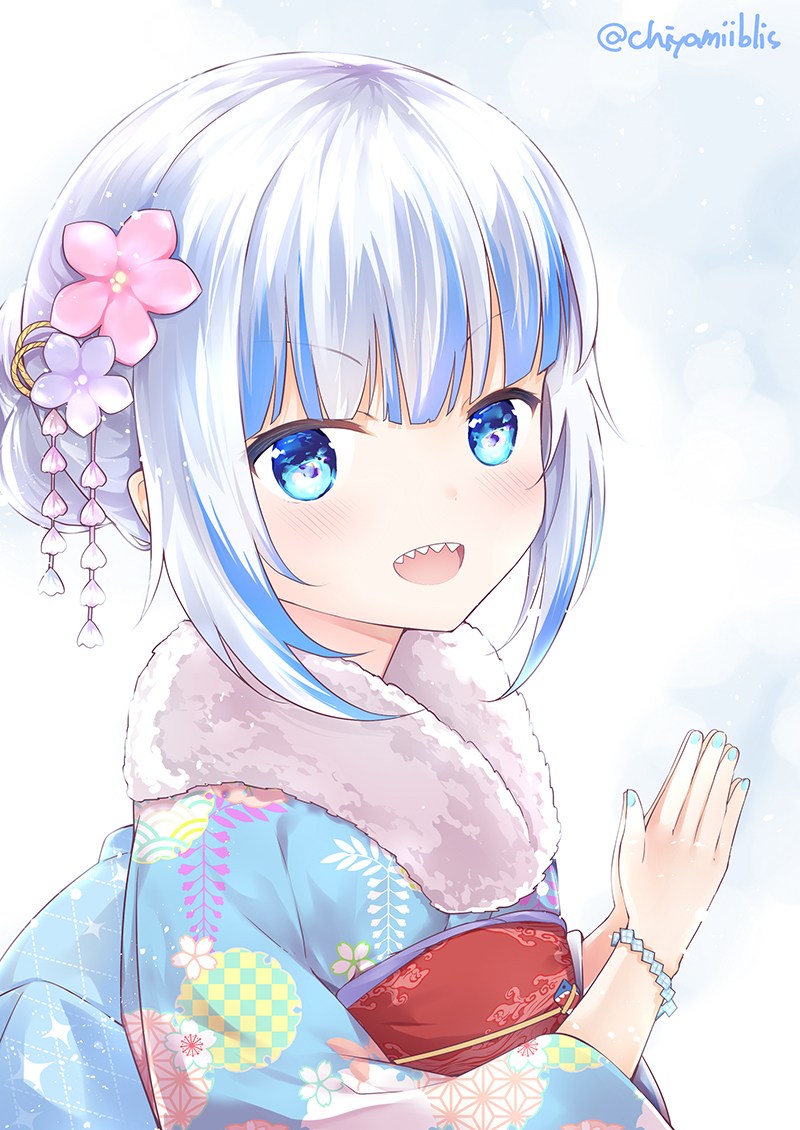 1girl :d bangs blue_eyes blue_hair blue_kimono blue_nails blush chiyami commentary_request eyebrows_visible_through_hair floral_print flower fur_collar gawr_gura hair_bun hair_flower hair_ornament hands_together hands_up hololive hololive_english japanese_clothes kimono long_sleeves looking_at_viewer multicolored_hair nail_polish obi open_mouth own_hands_together palms_together pink_flower print_kimono purple_flower sash sharp_teeth sidelocks silver_hair smile solo streaked_hair teeth twitter_username upper_body v-shaped_eyebrows virtual_youtuber wide_sleeves