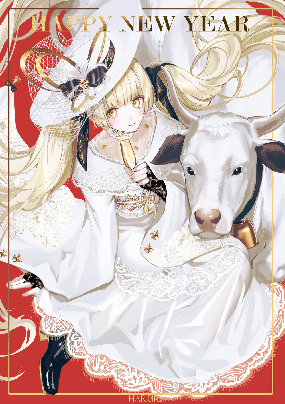 1girl animal artist_name bangs bell black_footwear black_gloves blonde_hair boots champagne_flute chinese_zodiac closed_mouth commentary_request cow cup dress drinking_glass fingerless_gloves gloves happy_new_year haruri hat high_heel_boots high_heels highres holding holding_cup long_hair long_sleeves looking_at_viewer new_year original red_background smile solo tilted_headwear twintails very_long_hair white_dress white_headwear wide_sleeves year_of_the_ox yellow_eyes