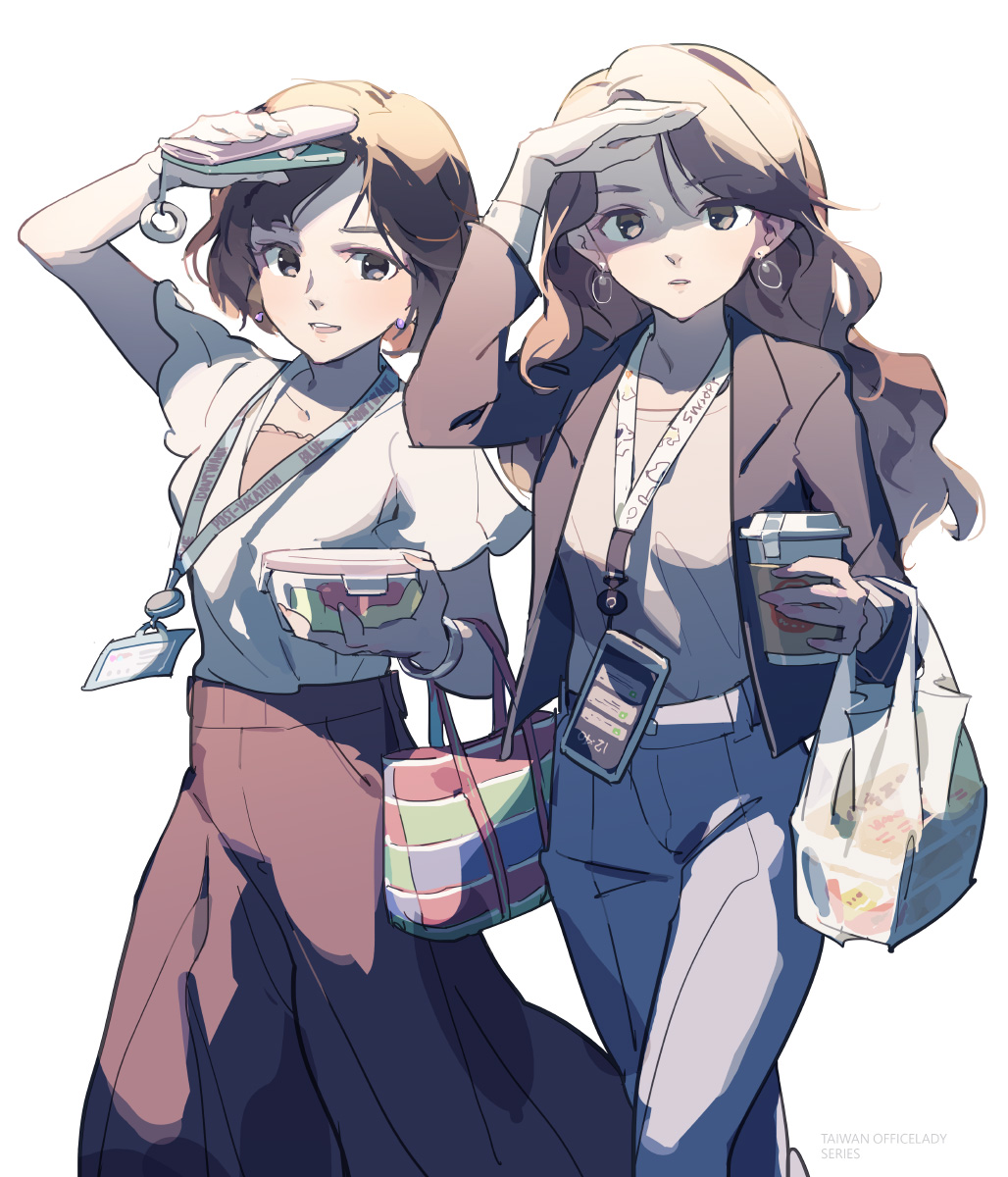 2girls arm_up bag bangs bracelet brown_hair brown_jacket brown_skirt cellphone collarbone commentary_request cup disposable_cup earrings eyebrows_visible_through_hair eyelashes fingernails handbag highres holding jacket jewelry lanyard looking_at_viewer multiple_girls open_mouth original pants phone short_hair short_sleeves simple_background skirt smile tennohi timestamp