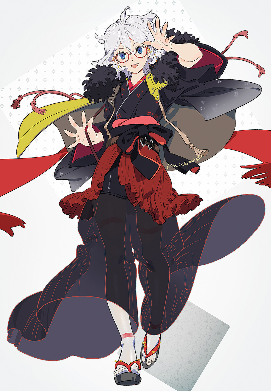 1girl bellbottoms black_pants blue_eyes full_body hands_up highres long_sleeves looking_at_viewer medium_hair mole mole_under_mouth original pants red-framed_eyewear rope sandals signature solo standing umishima_senbon white_hair wide_sleeves